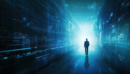 Lonely man moving towards the light at the end of a dark tunnel, hope and salvation concept