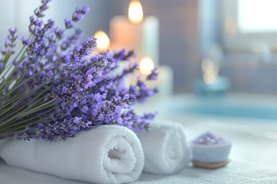 A close-up image of a bouquet of lavender flowers, with two rolled up white towels and three lit candles in the background.