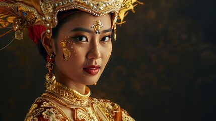 Fototapeta premium Woman Beautiful model with regional cultural make-up and gold ornaments on her head AI generated image