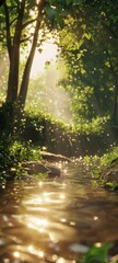 A photo of a beautiful forest with a river flowing through it. The sun is shining through the trees and there is a green glow in the forest.