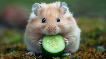 Cute hamster eating cucumber