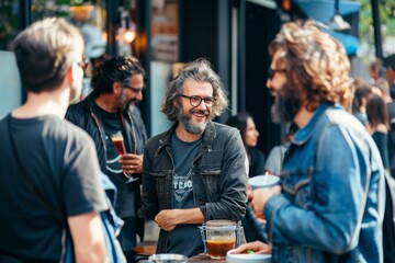 Bearded hipster man with beard and mustache in eyeglasses holding a cup of coffee while walking on the street. - Powered by Adobe