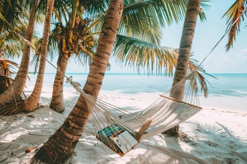 A hammock tied between two palm trees on a secluded beach, with a book and sunglasses, embodying the perfect summer relaxation --ar 3:2 Job ID: 4b6451e4-a103-4dce-9721-3e1d37341a47