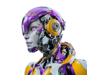 Photo of a female robot portrait on transparent background in the 3D rendering style purple and yellow color