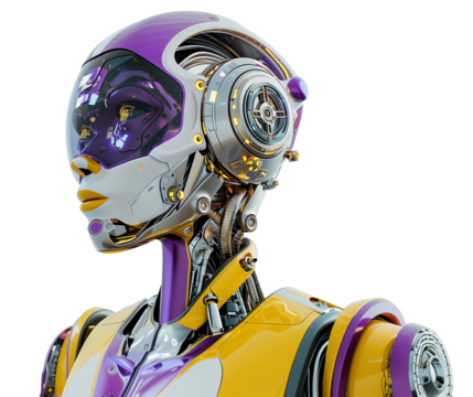 Photo of a female robot portrait on transparent background in the 3D rendering style purple and yellow color
