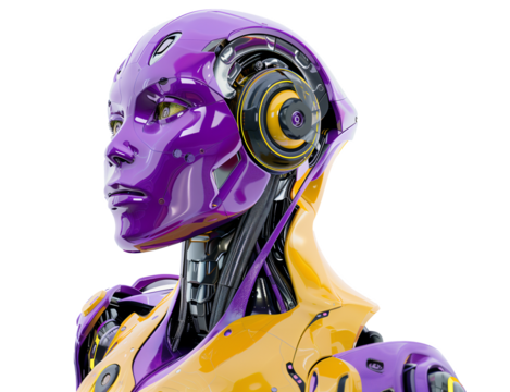 Photo of a female robot portrait on transparent background in the 3D rendering style purple and yellow color