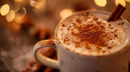 A steaming mug of hot chocolate, topped with whipped cream and a sprinkle of cinnamon. The perfect way to warm up on a cold winter's day.