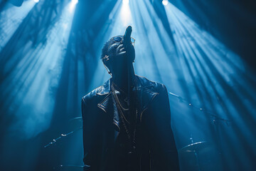 Male singer performing a lyrical composition song in the center of the stage, illuminated by the blue light of spotlights