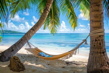 A hammock tied between two palm trees on a secluded beach, with a book and sunglasses, embodying the perfect summer relaxation --ar 3:2 Job ID: 12fb9035-d5e5-4897-a11a-002bc4188987