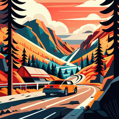 car drive mountain road trip with summer landscape background cartoon highway traffic journey with