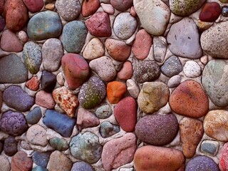 Pebble or gravel stone texture wall floor colorful background. Wall made from pebble gravel stones different shape as floor texture background. Multicolor pebble gravel stones wall. Pebble gravel wall