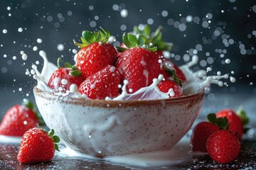strawberries falling into a bowl of milk