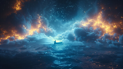 A small boat is floating in the sea, surrounded by blue water and glowing stars
