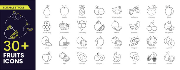 Fruits Stroke icon collections. Containing apple, banana, strawberry, orange, watermelon, coconut, avocado and lemon icons. Stroke icon collection Outline icon