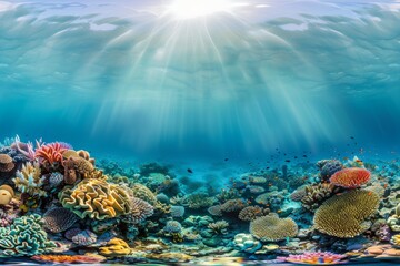 A panoramic view of a vibrant coral reef teeming with diverse marine life, showcasing the...