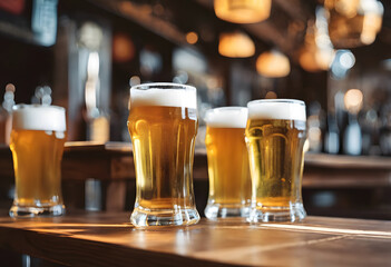 A row of five beer glasses filled with golden beer, with frothy heads, on a wooden bar in a dimly lit pub. International Beer Day.