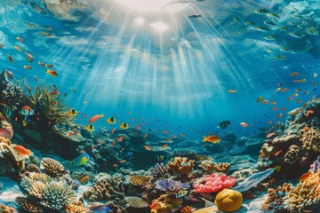A panoramic view of a vibrant coral reef teeming with diverse marine life, showcasing the underwater biodiversity