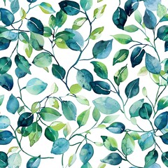 watercolor, blue green leaves and vines pattern on white background, seamless  patterns