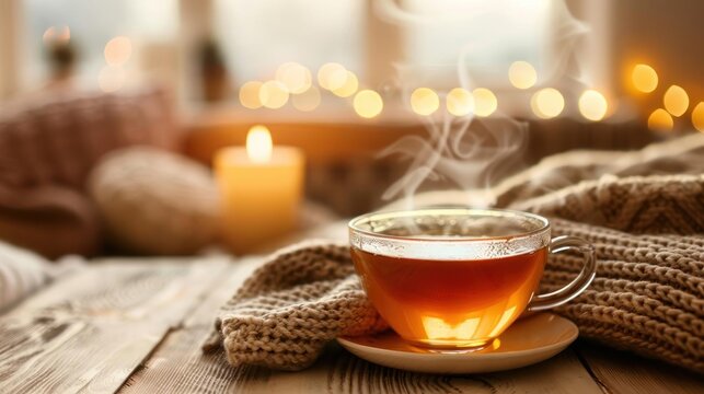 A cup of steaming tea on a wooden table. The tea is surrounded by a cozy scarf and there is a candle in the background. The mood is warm and inviting.