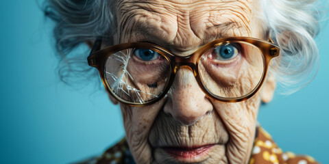 cute pretty old woman with a beaten face and a black eye wears broken glasses on blue background. domestic violence concept