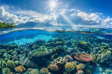 Naklejka premium A panoramic view of a vibrant coral reef teeming with diverse marine life, showcasing the underwater biodiversity