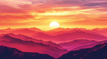 Fototapeta premium A beautiful sunset over a mountain range with a large sun in the sky