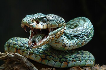 Close-up of a green snake with open mouth on wood background