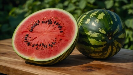 Watermelon on a wooden cutting board