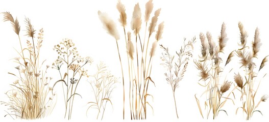 watercolor, brown grasses and reeds clipart set on white background