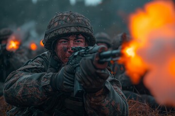Obraz premium Soldier aiming rifle during combat in smoky field