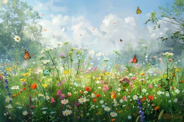 A peaceful meadow dotted with wildflowers, where butterflies flit among the blooms and bees hum lazily in the warm breeze --ar 3:2 Job ID: 59fd81fc-4b65-4660-b33d-d62e04f93a0a
