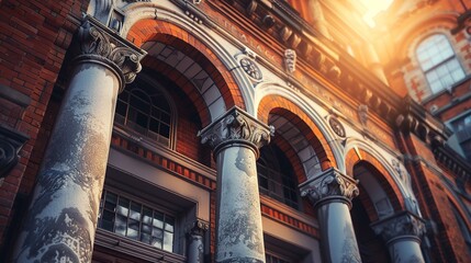 Historic hospital facade, intricate architecture, golden hour light, close up, majestic aura