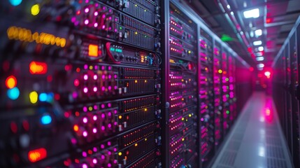 State-of-the-Art Data Center with Multiple Fully Operational Server Racks. Modern Telecommunications, Cloud Computing, AI, Databases, and Supercomputing Technology.