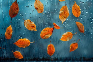 Autumn leaves on the window with raindrops,  Natural background