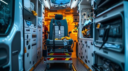 Fototapeta premium Ambulance interior, medical equipment ready, indirect light, close up, sense of urgency 