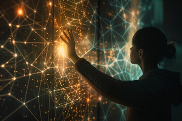 Side view of a woman touching a glowing network of connected points, symbolizing futuristic technology interaction