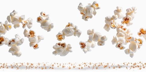 Flying popcorn kernels suspended in the air on a pristine white backdrop, ideal for illustrating snack time or movie theater treats
