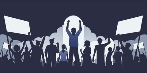 Illustration of a diverse silhouetted crowd protesting with blank signs, highlighting the unity and energy of a public demonstration for a social or political cause