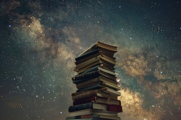 A stack of books towering against a backdrop of starry skies, representing the endless...