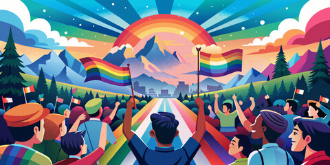 Vibrant illustration depicting a diverse crowd of lgbtq community members celebrating together, with raised rainbow flags against a backdrop of mountains under a brightly colored sky