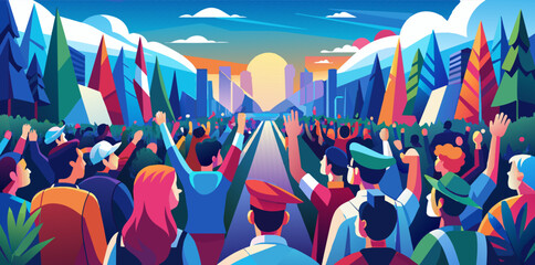 Colorful illustration captures a diverse group of lgbtq individuals marching for equality against the backdrop of a stunning mountainous landscape during a pride event at sunset