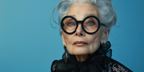 cute pretty old woman in very expensive clothes with a beard, round glasses, in the role of boss