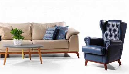 Modern living room furniture isolated on white background. Sofa, chair, table, lamp, decor, design, interior, contemporary, minimalist, elegant, cozy