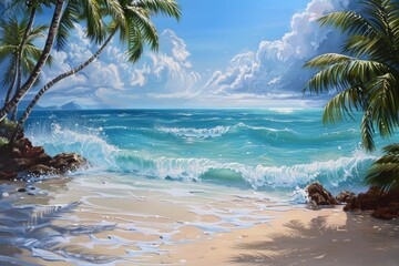 A tranquil beach scene, where azure waves gently lap against the sandy shore, framed by swaying palm trees --ar 3:2 Job ID: 06ce79b0-cf78-47c2-b617-424fc12f23ec