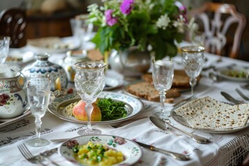 Fototapeta premium A traditional Seder table adorned with symbolic items such as matzo, bitter herbs, and a ceremonial plate, evoking the rich symbolism of the Passover meal.