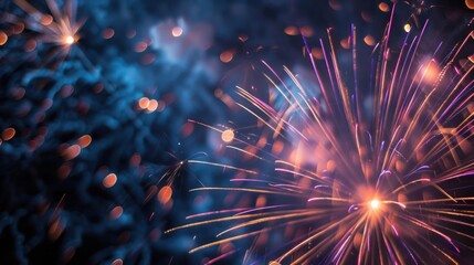 Fototapeta premium Fireworks burst in a vibrant display of colors against a dark blue night sky, creating an energetic and celebratory atmosphere with sparkling light trails.