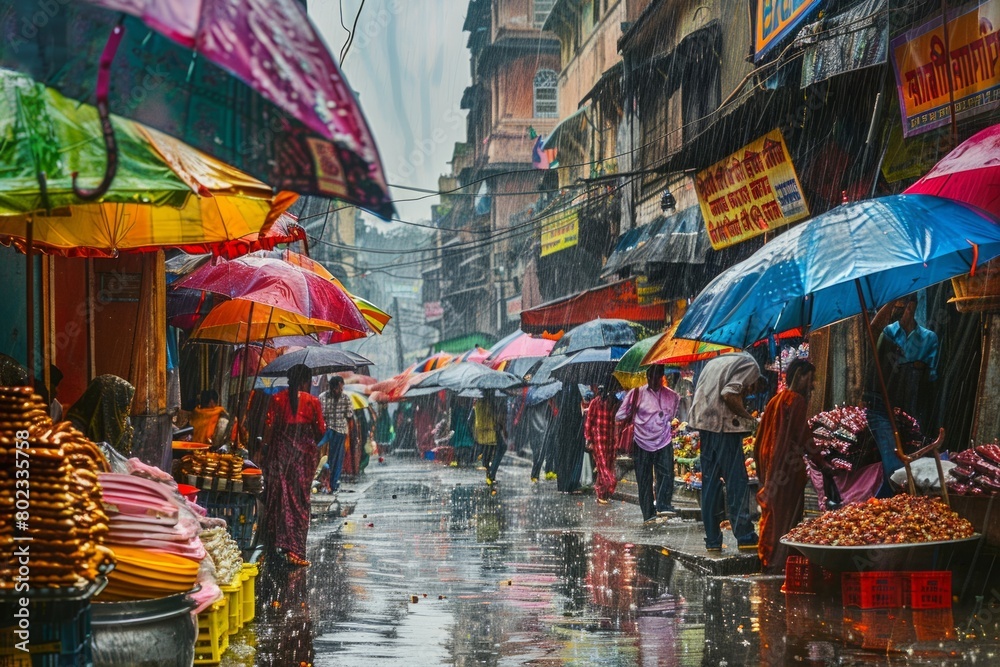 Wall mural A vibrant bazaar scene with rain-soaked streets, colorful umbrellas, and shoppers enjoying seasonal discounts --ar 3:2 Job ID: 4a4bb118-b611-44bd-88d4-ec5be74f9f7f