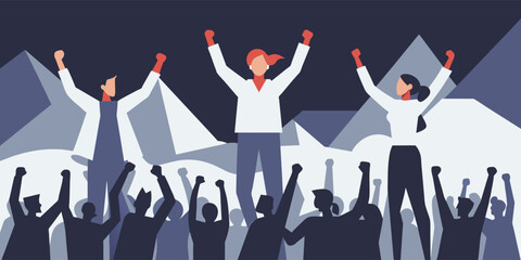 Illustration of a diverse group of people united at a protest, raising their fists in solidarity against a backdrop of symbolic mountains, signaling their collective strength and determination