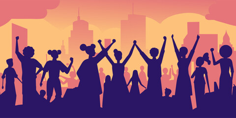 Group of diverse silhouettes is seen gathered for a peaceful protest against a twilight cityscape, with raised hands signifying unity and determination in their collective action