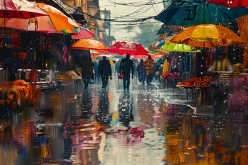 A vibrant bazaar scene with rain-soaked streets, colorful umbrellas, and shoppers enjoying seasonal...